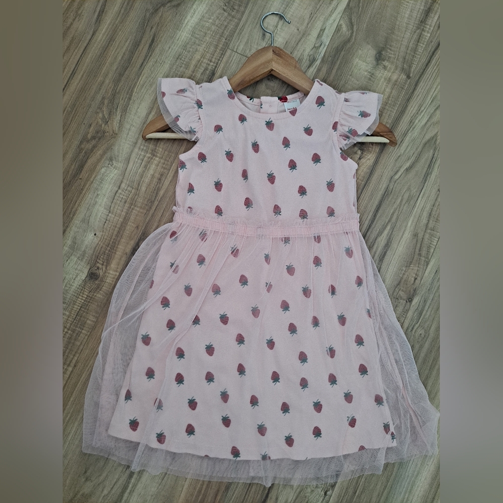 Hannah Andersson Pink Strawberry Print Girls Dress Party or not Tule details 6-7